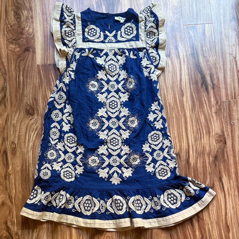 Sea NY Embroidered Indigo Blue Manuela Tunic Mini Dress M - Picture 2 of 13